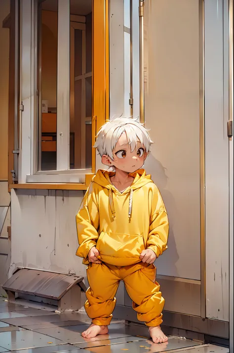 1 little boy with white colored hair and shiny, glowing orange eyes and barefoot and small feet, who wear a yellow oversized hoo...