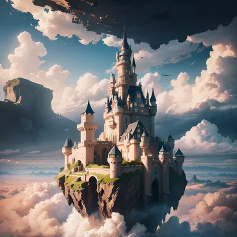 "theres an island floating in the sky among the cloud with castle on it, the castle is full of gear and machinery parts" castle in the sky, floating castle, cloud, (cinematic, 8K, masterpiece, glorious background, dynamic lighting, zoom out, extremely ultr...