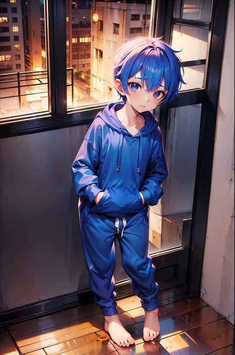 1 little boy with royal blue colored hair and shiny, glowing red eyes and barefoot and small feet, who wear a yellow oversized h...