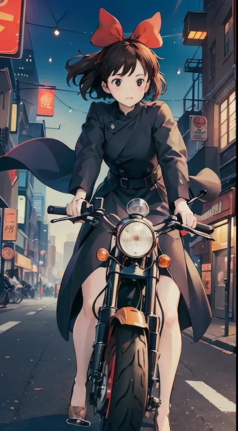 Best image quality, outstanding detail, super high resolution, (realism: 1.4), best illustration, prefer details, riding a motorcycle, the background is a high-tech lighting scene of a futuristic city, black coat, red ribbon, Kiki, Gigi,