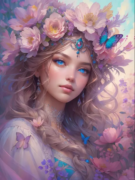 this artwork is dreamy and in the style of mythic fantasy, with soft watercolor hues in varying shades of pink, blue, and purple...