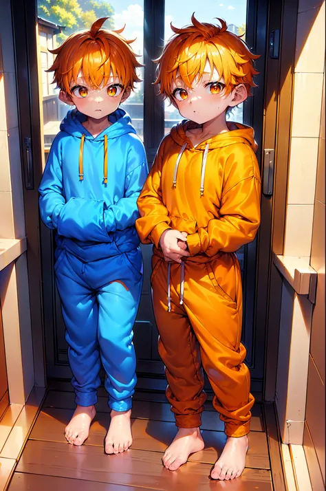 1 little boy with orange colored hair and shiny, glowing cyan eyes and barefoot and small feet, who wear a yellow oversized hood...