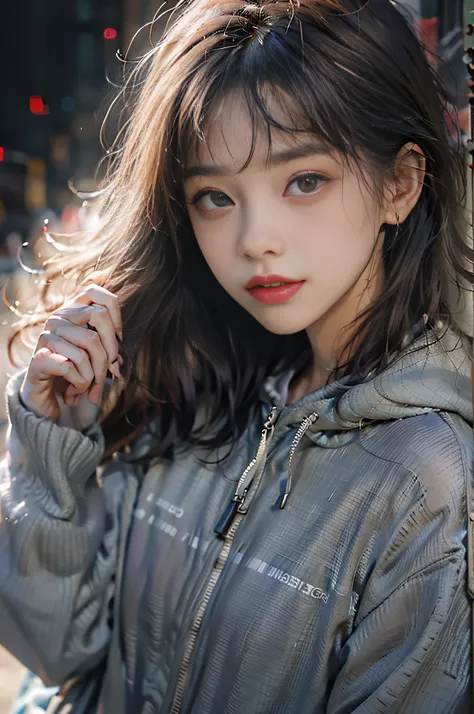 (Hyper-realistic) , (illustratio), (Increase the resolution), (8K), (RAW photos,best qualtiy),(realisticlying,photograph realistic:1.3),best qualtiy,highly detailed,tmasterpiece,Hyper-detailing,one-girl,Stylish sweatshirt, Windbreaker long skirt,Poster on...