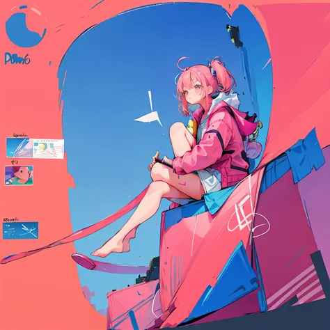 girl, pink hair, a girl sitting on the ground while drawing on a graphic tablet, beautiful, colorful, (perspective)