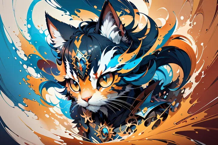 distorted art of the face of a cartoon warrior cat of vibrant colors in the form of a futuristic shield with technique brush and...