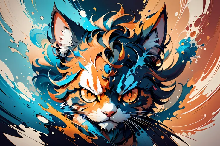 distorted art of the face of an angry cartoon cat of vibrant colors in the form of a futuristic shield with technique brush and ...