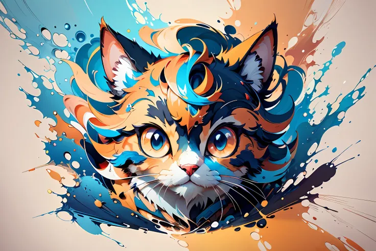 distorted art of a cute cartoon cat's face of vibrant colors in the form of a futuristic shield with technique brush and splash ...