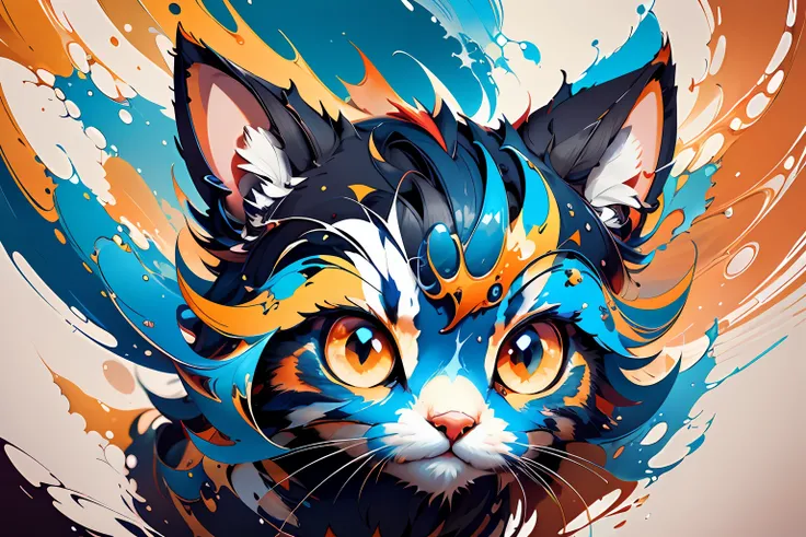 distorted art of a cute cartoon cat's face of vibrant colors in the form of a futuristic shield with technique brush and splash ...