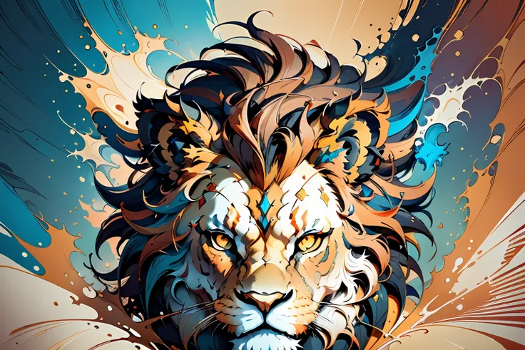 distorted art of the face of an angry cartoon lion of vibrant colors in the form of a futuristic shield with technique brush and...