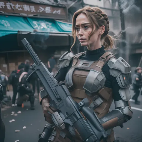 emily blunt (dutch braided hair) in evangelion armor behind a barricade, carrying a laser assault rifle in his hands, dinamic po...