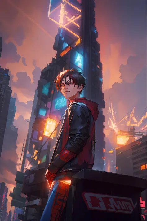 spider man- style photo of a man standing in front of a city at night, hero pose colorful city lighting, stylized urban fantasy ...