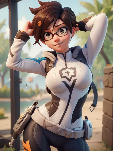 tracer, tracer from overwatch, wearing tight clothes, in sunny day , wet, wet clothes, noticable body, nipples, cute, sexy, hot,...