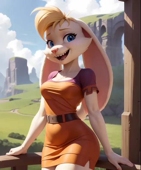 bianca, furry female anthro, rabbit girl, standing, portrait,( short dress:1.1), short sleeves, solo, (body fur:1.2), (best qual...