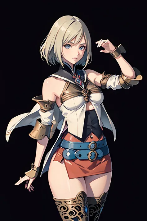 (masutepiece, of the highest quality, Best Quality, Official art, Beautiful and aesthetic:1.2), ighly detailed, Colorful,highest details,Illustrations, fantastical scenes, 1girl in, Solo, (Final Fantasy 12,Ashelia, shorth hair, Ashelia Costume, a miniskirt...