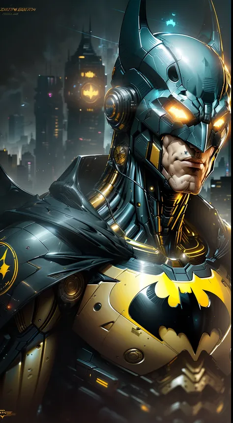 batman from dc photography, biomechanics, complex robot, golden bat wings, golden batman logo, full growth, hyper-realistic, cra...