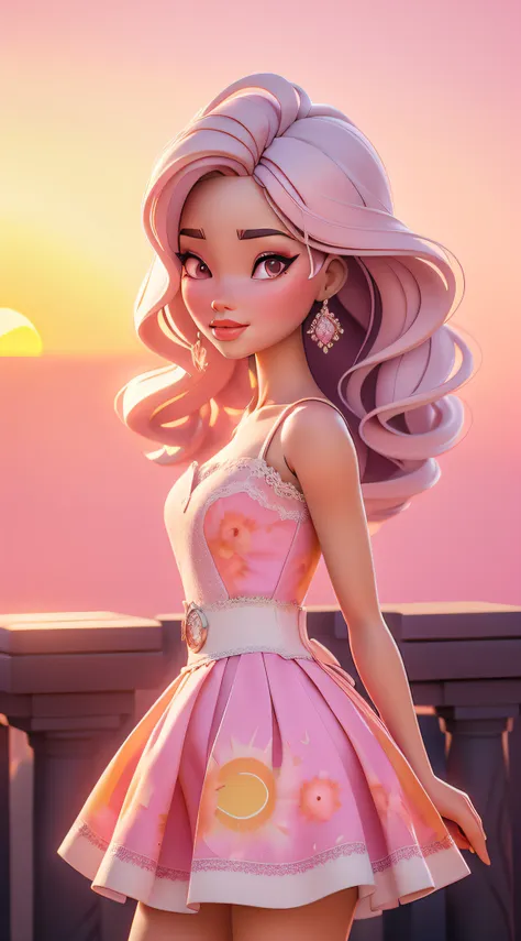 dynamic lighting, 3d model art, a barbie princess wearing a lovely pink dress, ((sunrise)), the background is a grand castle ami...