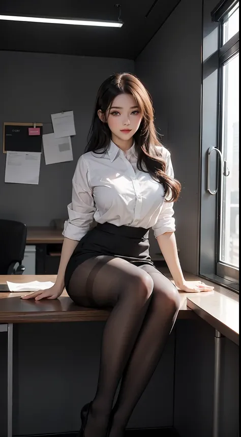 best qualtiy,Full body like,Cinematic shots,Refined face,pretty face,20yo Woman,ssmile,slimfigure,Two huge masses fill the neckline,office lady uniform,Office wear,(black pantyhoses),(pantyless),interior scenes,office room,Sit Pose