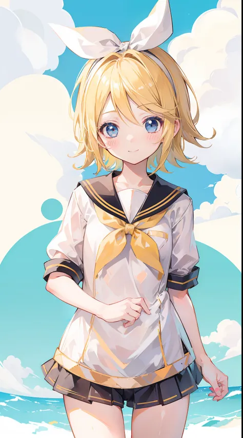 one girl, (kagamine_rin), blond hair, short hair, innocent, cute, sailor uniform, cowboy shot, blush, look at you, natural smile