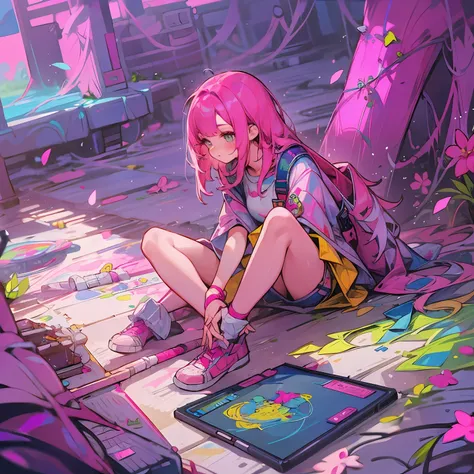 Girl, pink hair, a girl sitting on the ground while drawing on a graphic tablet, beautiful, colorful, (perspective), close up