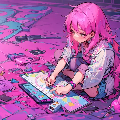 girl, pink hair, a girl sitting on the ground while drawing on a graphic tablet, beautiful, colorful, (perspective), close up