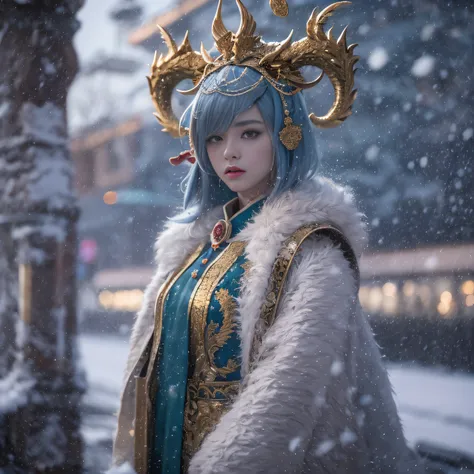 16k(tmasterpiece,k hd,hyper HD,16k)short detailed hair,Vintage train sleeper area,Snow manhood ,Two Golden Dragon Protectors (realisticlying:1.4),Python robe,Purple apron,Snowflakes fluttering,The background is pure, A high resolution, the detail, RAW phot...