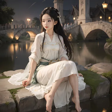 sit on a stone bridge by the river， florals，lanterns，big wind，  long hair to the waist, （long hair flying: 1.6），large bust， don ...