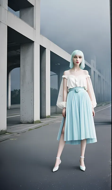 portrait of haute couture beautiful albino european fashion model with pale blue hair, ethereal dreamy foggy, photoshoot by Alessio Albi , editorial Fashion Magazine photoshoot, fashion poses, in front of brutalist building architecture. Kinfolk Magazine. ...