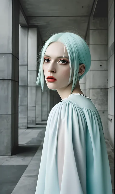 portrait of haute couture beautiful albino european fashion model with pale blue hair, ethereal dreamy foggy, photoshoot by ales...