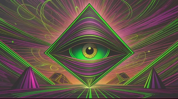 en un mundo morado y verde fluorescente, un portal triangular resplandece en el espacio, with alien algorithms swirling around t...