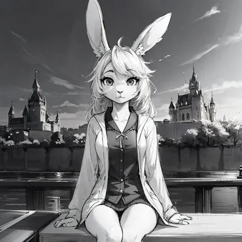 (anthro rabbit girl, rabbit ears:1.2),, (1girl) (sketch) (sitting, __place__ background, __clothing__, __clothing__) monochrome