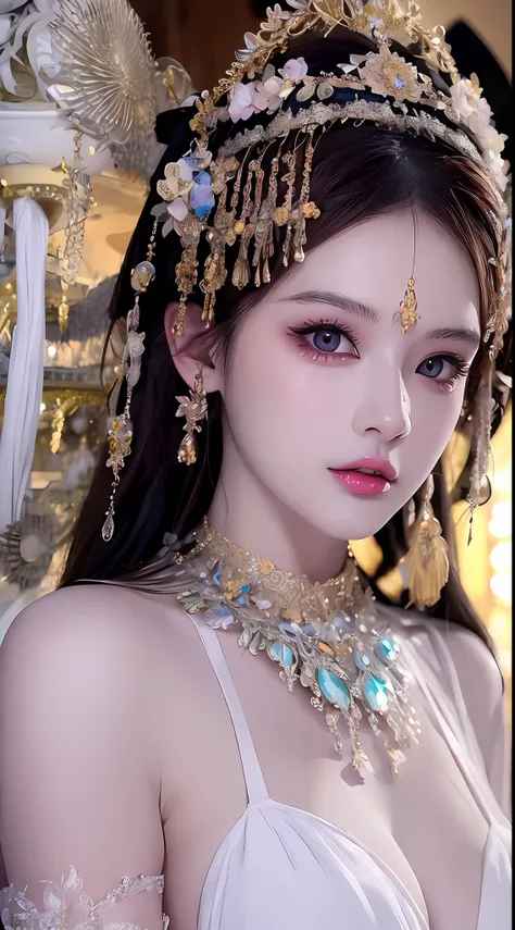 1 20-year-old girl, 1 goddess Athena, purple pink silk dress, beautiful goddess Athenas face without blemishes, sexy thin yellow nightgown, long thin nightgown of saint with many evocative black lace details feel, saint goddess legend, saint female icon, e...