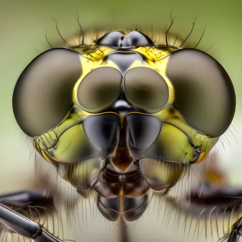 extreme macro close-up side view photograph of a {dragonfly} on a {yellow flower},{{{ detail compound eye}}} dark background, in...