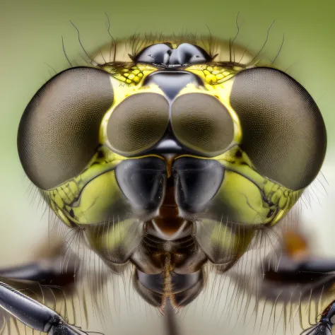 extreme macro close-up side view photograph of a {dragonfly} on a {yellow flower},{{{ detail compound eye}}} dark background, in...