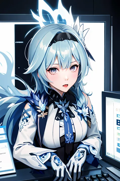 eula ghenshin impact, ghenshin impact eula, anime girl with blue hair playing a game on a computer, masterpiece,1girl, solo, thr...