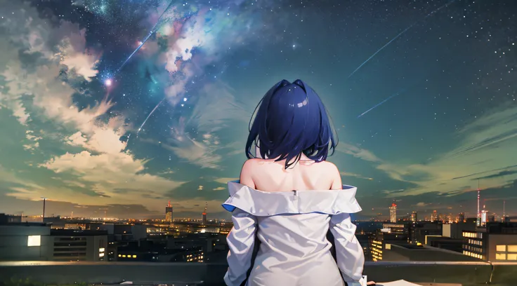 ((((masterpiece))), ((best quality))), ((ultra-detailed)), octans, sky, star (sky), scenery, starry sky, night, night sky, solo, outdoors, building, cloud, milky way, sitting, tree, city, silhouette, cityscape, Ouro Kronii, (1girl), (solo), short hair, shi...