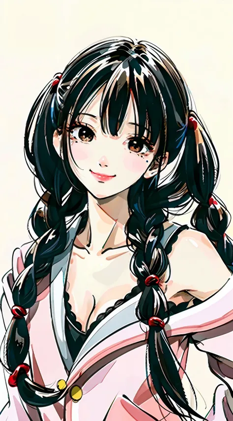 black hair, hair bobbles, light smile, streaked hair, mole under eye, glint, anime style, best quality,upper body,hair strand,fa...