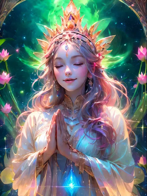 highestquali，tmasterpiece：1.2，detailed details，beautiful young goddess，gently smiling. she clasped her hands together in prayer ...