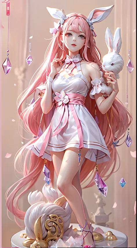 crystal statue of a playful maid with long rabbit ears，pink long hair，whiteapron，amazing body，pronounced feminine features，plumw...