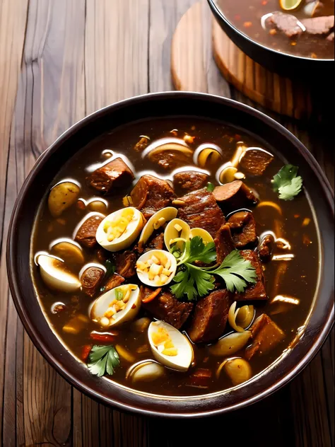 bowl of rawon with meat and chili sauce on wooden table, hot steam, photography, realistic,