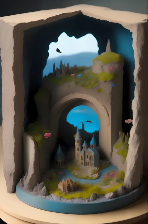 By the pumice island of Baiae Bay,And saw sleeping old palaces and towers,Shivering in a stormy day,All overgrown with azure moss and flowers,(Diorama placed on the table:1.4)、top-quality、Top image quality、8k,Detailed details、foco nítido