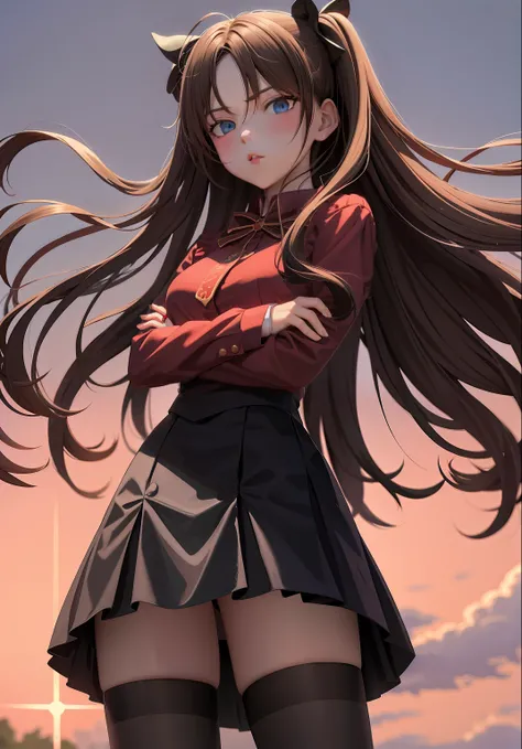 tmasterpiece，Best quality at best，1girl，tohsaka rin，独奏，long whitr hair，Stockings，a skirt，eBlue eyes，Both sides up，Black stockings，brunette color hair，crossed arms，（kbxll：0.6）