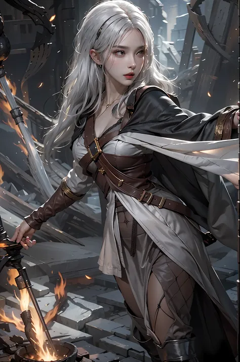 photorealistic, high resolution, 1women, solo, hips up, look at viewer, (detailed face), white hair, sorcerer, dark souls style,...