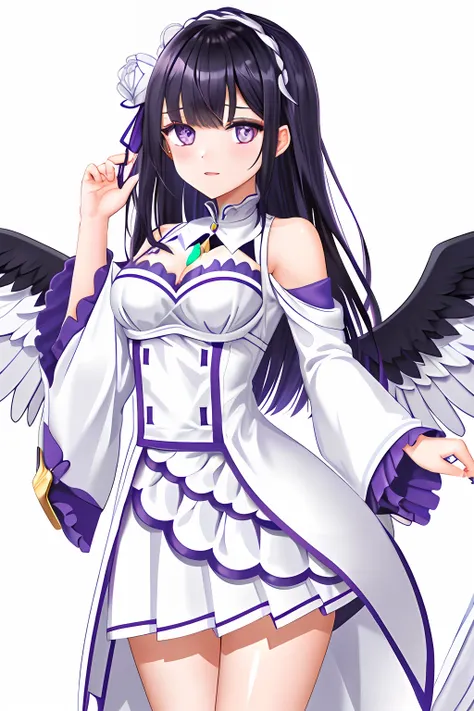 emilia, 1girl, white_dress, skirt, gold_eagle_on_sleeves,  hair_over_one_eye, black_hair, purple_eyes, gloom_\(expression\)