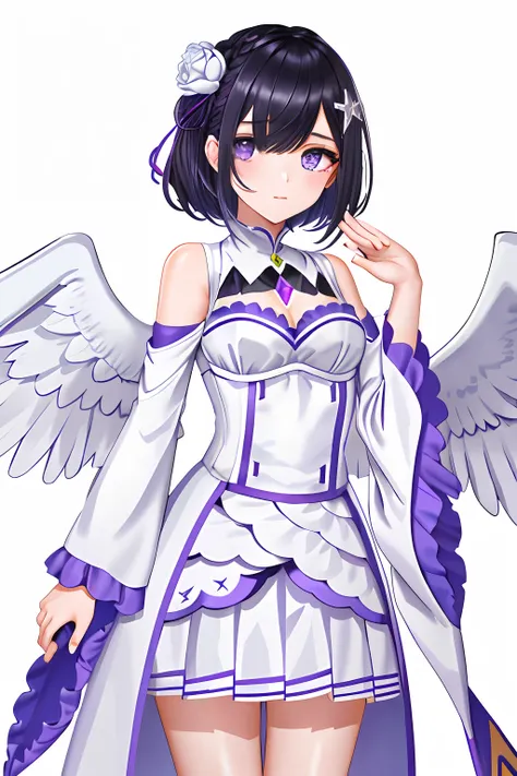 emilia, 1girl, white_dress, skirt, gold_eagle_on_sleeves,  hair_over_one_eye, black_hair, purple_eyes, gloom_\(expression\)