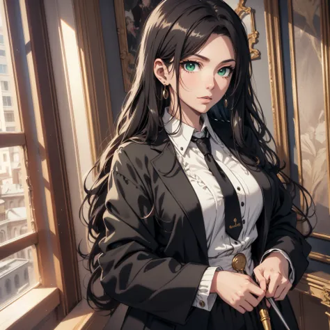 (best quality, masterpiece, ultra-detailed, extremely detailed, highres), 18 years old anime girl, long raven hair, slightly wav...