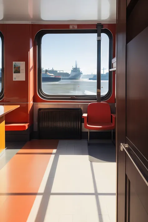 somi，look out the huge window from the inside window of the train with red seats，the weather outside the window was sunny，snowfi...