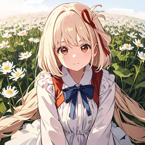 masterpiece，the best quality，one has long light-colored hair，girl in soft clothes，looking at the girl in the dandelion flower fi...