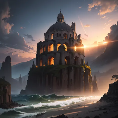 ”Beside a pumice isle in Baiaes bay,
And saw in sleep old palaces and towers
Quivering within the waves intenser day,
All overgrown with azure moss and flowers”
Ode to the West Wind. ruins, stary night, milky way, (cinematic, 8K, masterpiece, glorious back...