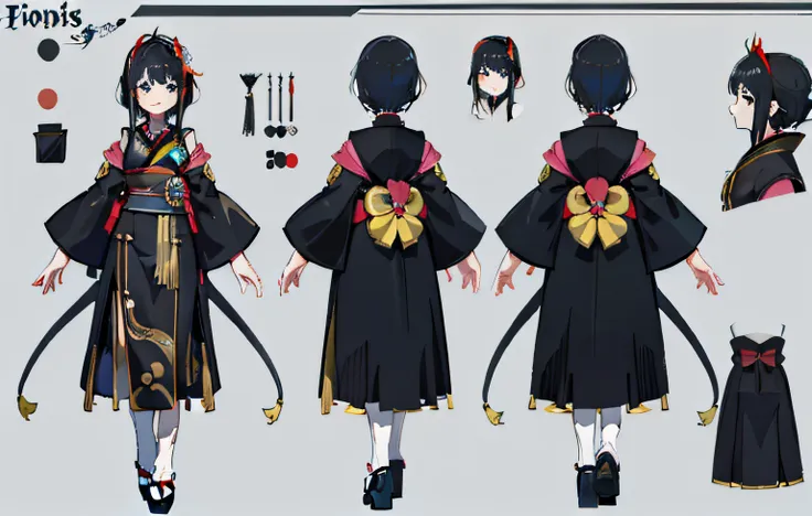 1人, reference sheet, (fantasy character design, front, back, side) girl, princess, long black hair, kimono, koi