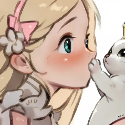 anime girl kissing white cat with pink bow, lovely digital painting, soft anime illustration, cute detailed digital art, very be...